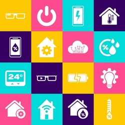Set Humidity, Light Bulb And Gear, Mobile Charging Battery, Smart Home Settings, For Smart, Glasses And Internet Of Things Icon. Vector