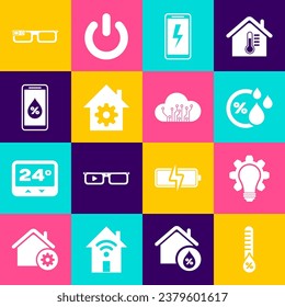 Fijar Humedad, Lámpara y equipo ligero, Batería de carga móvil, Configuración inteligente para el hogar, gafas e Internet de cosas icono. Vector