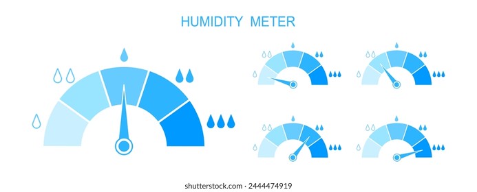 Set of humidity meters. Measuring dashboards with arrows and water drops with different levels of liquid. Hygrometer climate control tools isolated on white background. Vector flat illustration.