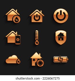 Set Humidity, Smart home, Battery, House under protection, remote control system, Power button and humidity icon. Vector