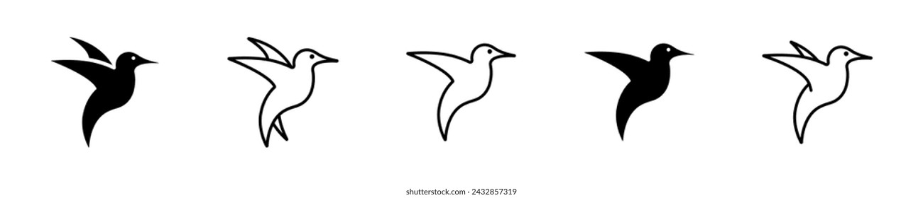 Set of hummingbird vector icons. Black silhouette with flying colibri.