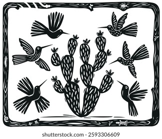 Set of hummingbirds and cactus typical of the Brazilian northeast. Hand drawn in the style of woodcut and Brazilian cordel. Vector illustration