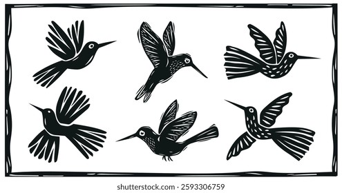 Set of hummingbirds in linocut style, carved or engraved. Editable vector illustration. Black silhouette isolated on white background