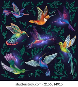 Set with Hummingbirds Magic Colibri Vector illustration 