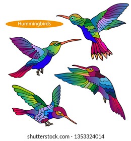 Set of hummingbirds. Stylized stained glass elements.