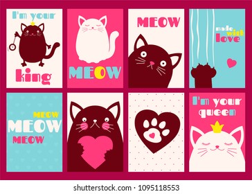 Set of humorous banners, labels, flyers, stickers, placards with cute cats and inscriptions. Vector template card for greeting, decoration, congratulation, invitation. EPS8