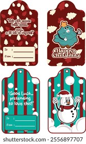 A set of humorous Christmas gift tags featuring quirky quotes, a cartoon Christmas tree, and a cheerful snowman. Perfect for adding a playful touch to your holiday gift wrapping and decorations.