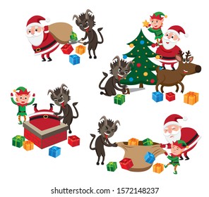 Set of humorous Christmas vector illustration featuring Santa Claus and Krampus