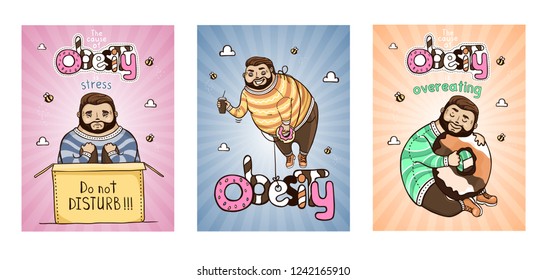 A set of humorous posters on the theme of obesity. Funny character. Vector. Сause of obesity.