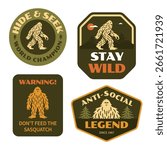 Set of humorous vector badges featuring Sasquatch in forest settings with phrases like Hide and Seek Champion and Don