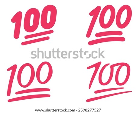 Set of hundred points symbols in red color. One hundred vector icon. Hundred-point emoji. hundred, 100 point, vector, icon, symbols.