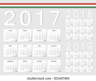 Set of Hungarian 2017, 2018, 2019 vector calendars with shadow angles. Week starts from Sunday.