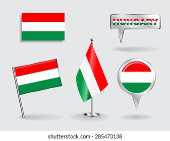Set of Hungarian pin, icon and map pointer flags. Vector illustration.