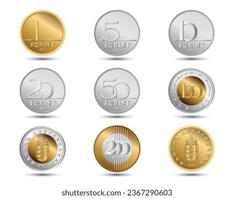 Set of Hungary coin, isolated in white background. Vector illustration.