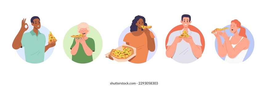 Set of hungry people male female characters eating pizza dinner, fast food for lunch or dinner