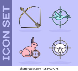 Set Hunt on bear with crosshairs, Bow and arrow in quiver, Hunt on rabbit with crosshairs and Hunt on duck with crosshairs icon. Vector