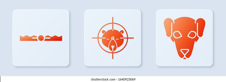 Set Hunt on bear with crosshairs, Trap hunting and Hunting dog. White square button. Vector