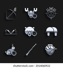 Set Hunt on bear with crosshairs, Hunting gun, Flying duck shield, Hunter hat, rabbit, Trap hunting, deer and Bow and fire arrow icon. Vector