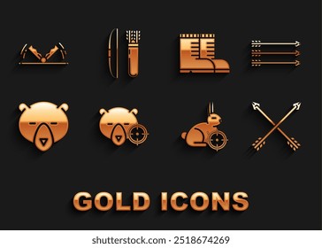 Set Caza en el oso con el punto de mira, flechas Hipster, cruzado, conejo, cabeza de oso, botas de cazador, caza de la trampa y arco y carcaj icono. Vector