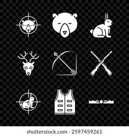 Set Hunt on bear with crosshairs, Bear head, Rabbit, rabbit, Hunting jacket, Trap hunting, Deer antlers and Bow and arrow quiver icon. Vector