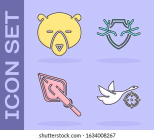 Set Hunt on duck with crosshairs, Bear head, Hipster arrow tip and Deer antlers on shield icon. Vector