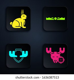Set Hunt on moose with crosshairs, Rabbit, Moose horns on shield and Trap hunting. Black square button. Vector