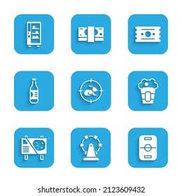 Set Hunt on rabbit with crosshairs, Ferris wheel, Hockey table, Popcorn in box, Amusement park billboard, Bottle of water, Ticket and Vending machine icon. Vector