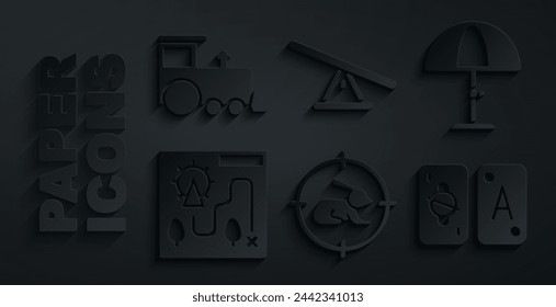 Set Hunt on rabbit with crosshairs, Sun protective umbrella, Amusement park map, Tarot cards, Seesaw and Toy train icon. Vector