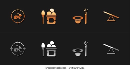 Set Hunt on rabbit with crosshairs, Ice cream in bowl, Magic hat and wand and Seesaw icon. Vector