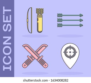 Set Hunt place, Bow and arrow in quiver, Crossed hunter knife and Hipster arrows icon. Vector