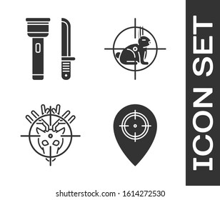 Set Hunt place, Flashlight and knife, Hunt on deer with crosshairs and Hunt on rabbit with crosshairs icon. Vector