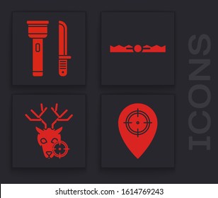 Set Hunt place, Flashlight and knife, Trap hunting and Hunt on deer with crosshairs icon. Vector