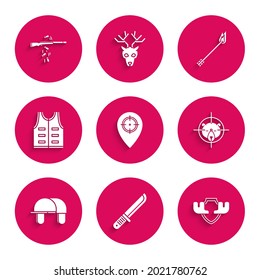 Set Hunt place, Hunter knife, Moose horns on shield, bear with crosshairs, hat, Hunting jacket, Flame arrow and Gun shooting icon. Vector
