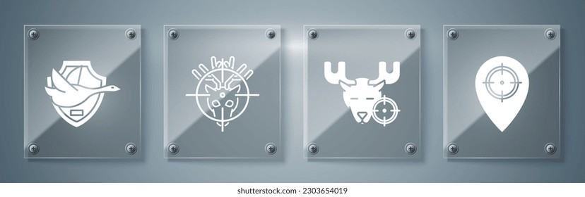Set Jagd Platz, Jagd auf Elch mit Crosshairs, Jagd auf Hirsch mit Crosshairs und Flying Ente auf Schild. Viereckige Glasplatten. Vektorgrafik