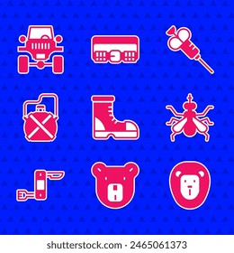 Set Hunter boots, Bear head, Wild lion, Mosquito, Swiss army knife, Canteen water bottle, Syringe and Off road car icon. Vector