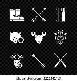Set Hunter boots, Crossed arrows, Bow and in quiver, on deer with crosshairs, Hipster, Two crossed shotguns, bear and Moose head horns icon. Vector