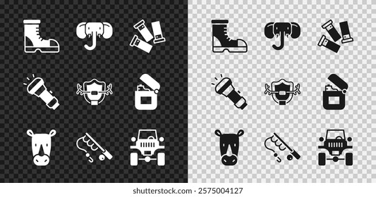 Set Hunter boots, Elephant, Cartridges, Rhinoceros, Fishing rod, Off road car, Flashlight and Deer antlers on shield icon. Vector