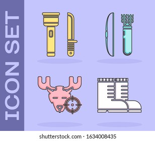 Set Hunter boots, Flashlight and knife, Hunt on moose with crosshairs and Bow and arrow in quiver icon. Vector