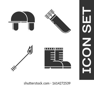 Set Hunter boots, Hunter hat, Flame arrow and Quiver with arrows icon. Vector
