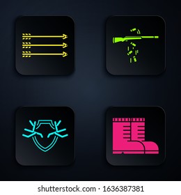 Set Hunter boots, Hipster arrows, Deer antlers on shield and Gun shooting. Black square button. Vector