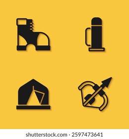 Set Hunter boots, Medieval bow and arrow, Tourist tent and Thermos container icon with long shadow. Vector