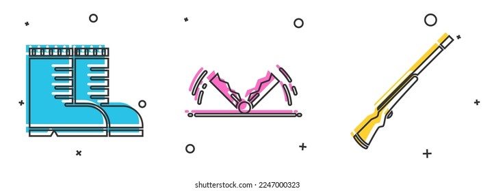 Set Hunter boots, Trap hunting and Hunting gun icon. Vector