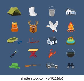 A set of hunter and fisherman objects, equipment, structures, equipment, clothing and accessories. Modern vector illustration isolated on white background.