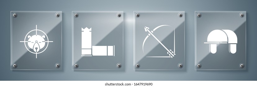 Ponga sombrero de cazador, arco y flecha en quiver, Cartuchos y cazar en el oso con cruces. Paneles de vidrio cuadrado. Vector
