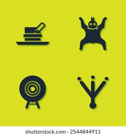 Set Hunter hat with feather, Bird footprint, Target sport and Bear skin icon. Vector