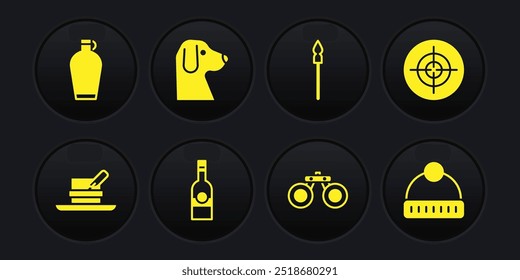 Set Hunter hat with feather, Target sport, Bottle of vodka, Binoculars, Medieval spear, Dog, Winter and Canteen water bottle icon. Vector