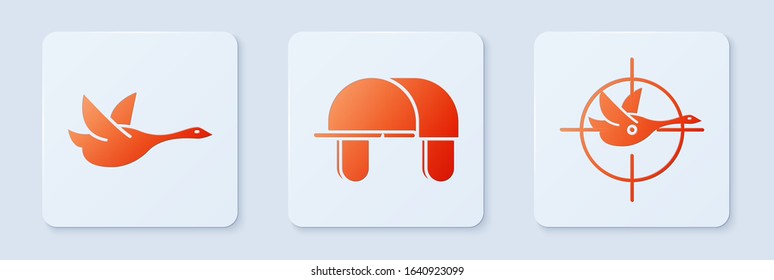 Set Hunter hat, Flying duck and Hunt on duck with crosshairs. White square button. Vector