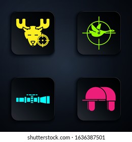 Set Hunter hat, Hunt on moose with crosshairs, Sniper optical sight and Hunt on duck with crosshairs. Black square button. Vector