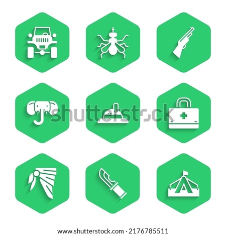 Set Hunter hat, knife, Tourist tent, First aid kit, Bandana or biker scarf, Elephant, Hunting gun and Off road icon. Vector