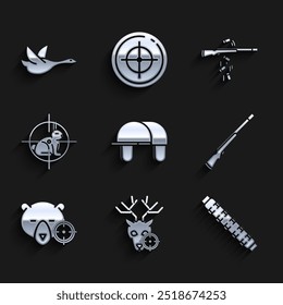 Set Sombrero de cazador, en ciervos con cruces, cartuchos de cinturón de cartucho de caza, pistola, oso, conejo, disparo de pistola e icono de pato volador. Vector